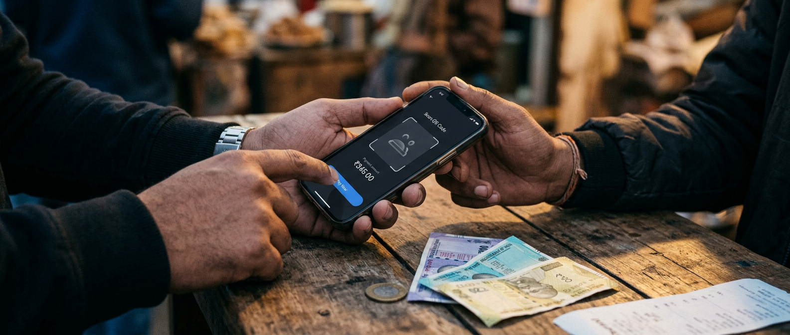 A customer paying a worker directly by phone, cash on the table beside them
