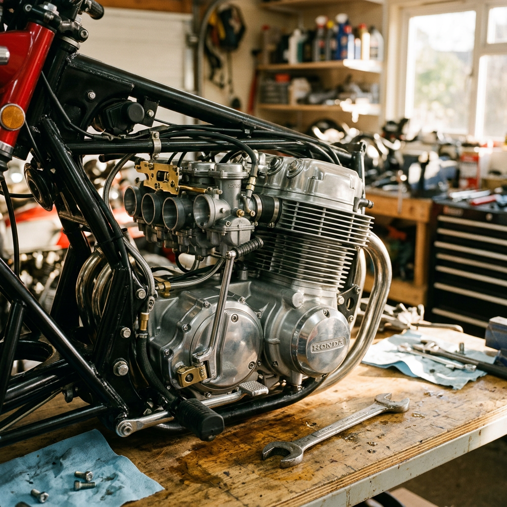 A repaired motorbike engine bay